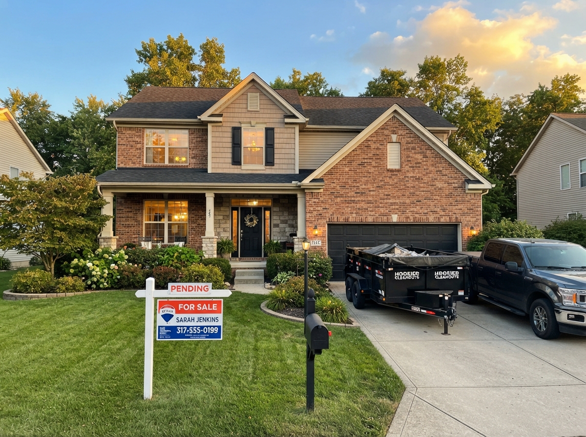 Real estate for sale sign in Noblesville IN with Bell's cleanout dump trailer