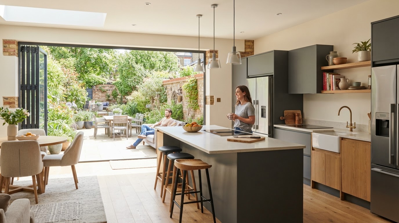 Modern open-plan kitchen extension with bi-fold doors opening to a garden — Goodman & Son, Reading