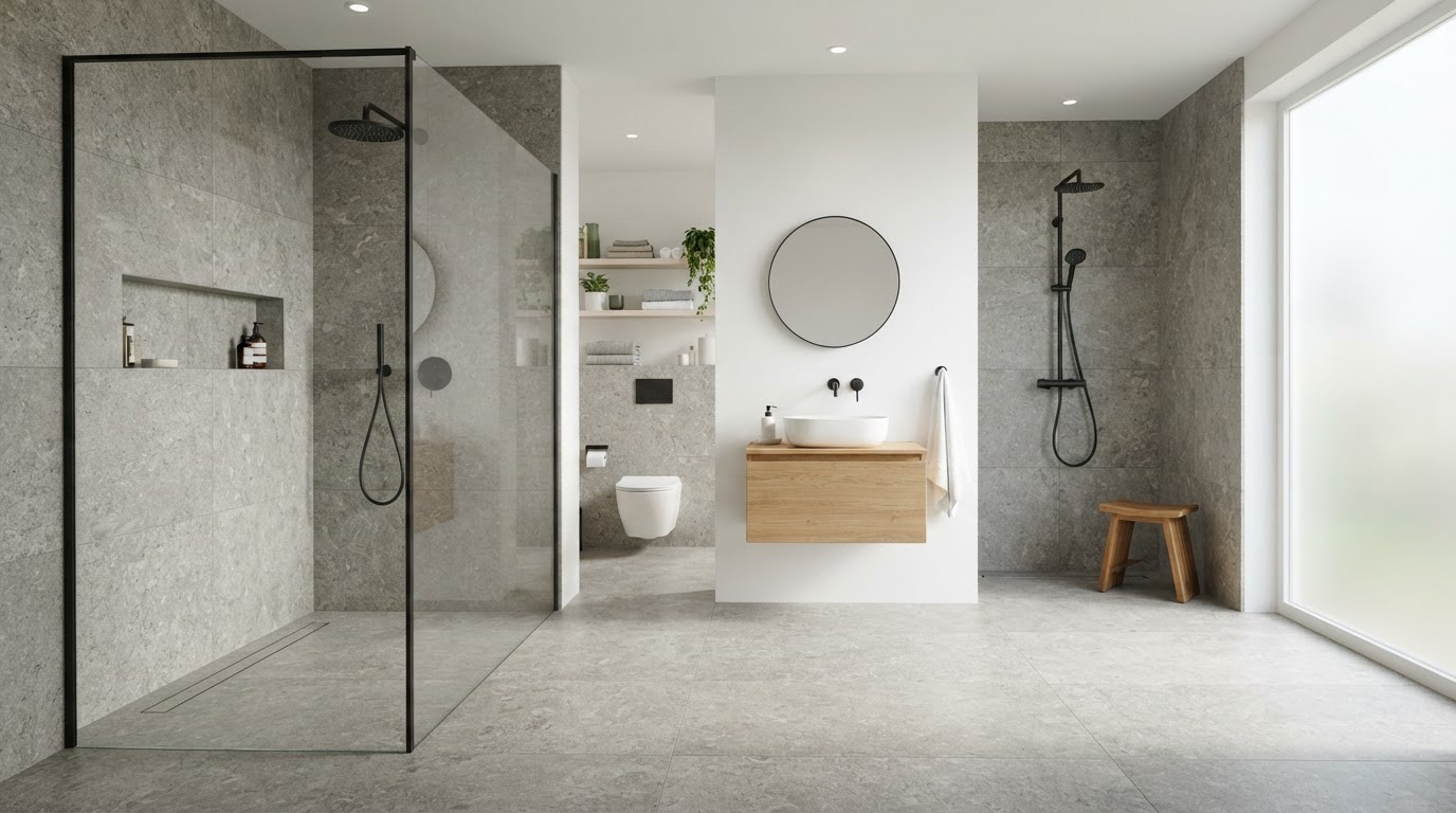 Modern walk-in shower with flush level floor and glass screen in a bright contemporary bathroom — Goodman & Son, Reading