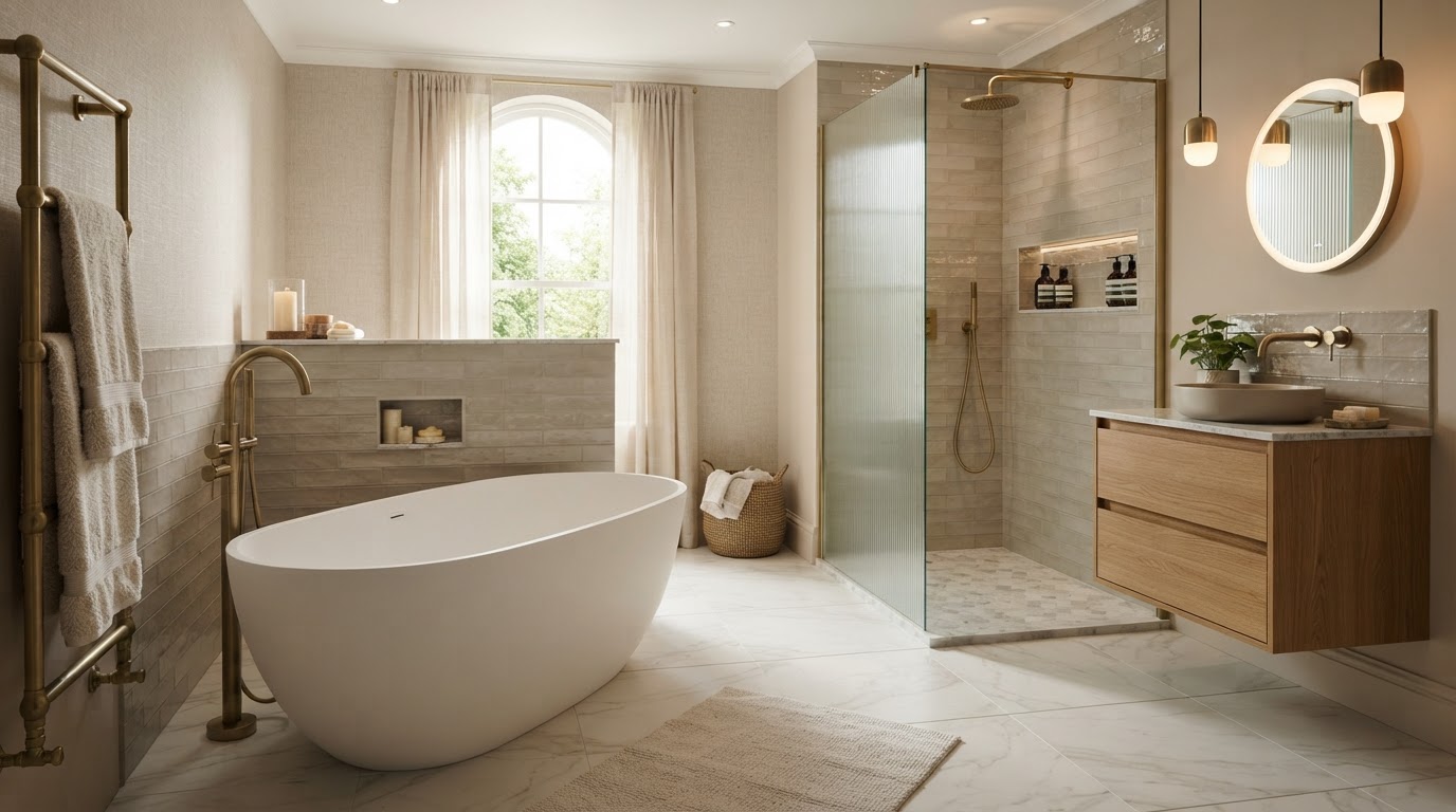 Beautifully renovated bathroom with freestanding bath, walk-in shower and premium fittings — Goodman & Son, Reading