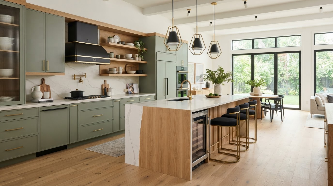 Modern 2026 kitchen interior with sage green cabinetry, statement island and mixed metal finishes — Goodman & Son, Reading