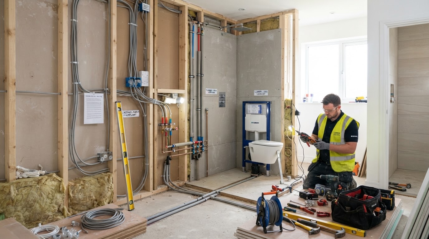 Bathroom renovation in progress showing new electrical wiring and plumbing — Goodman & Son, Reading