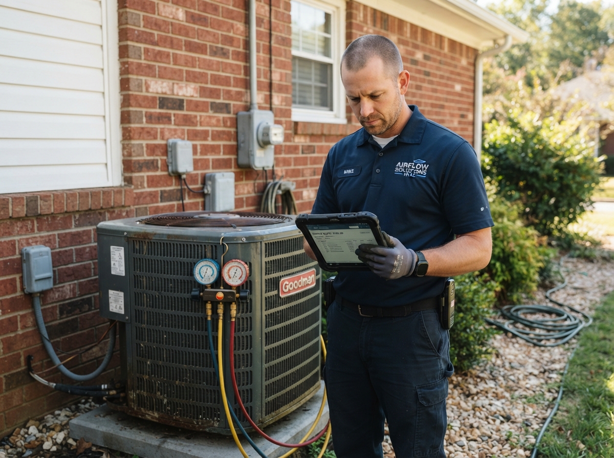 HVAC technician checking a quote on a tablet next to a residential AC condenser unit