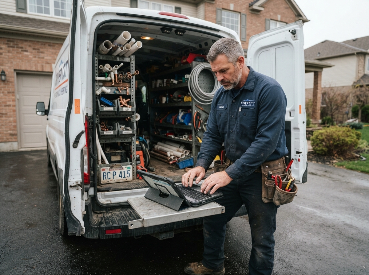 Plumber typing up a quote on an iPad propped on the tailgate of his work van