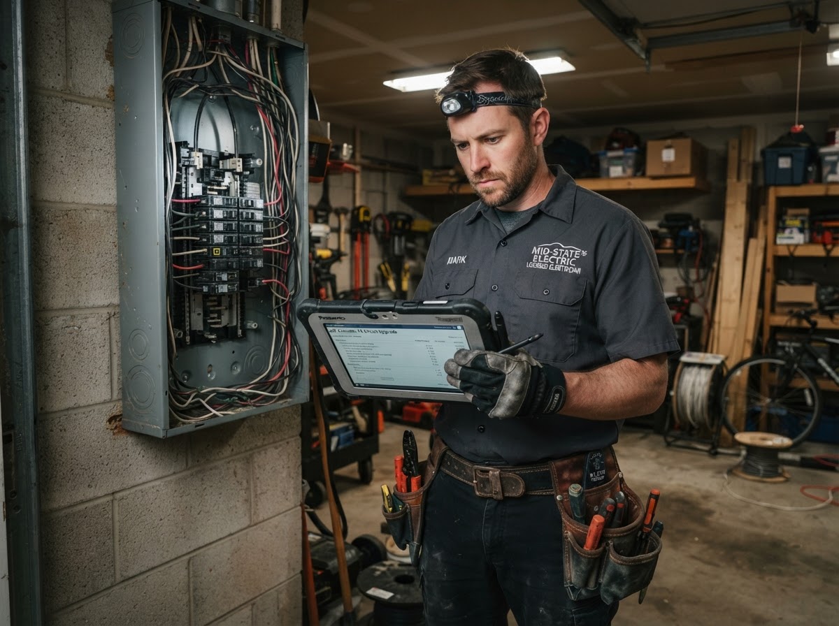 Electrician reviewing a quote on a rugged tablet at an open electrical panel in a garage