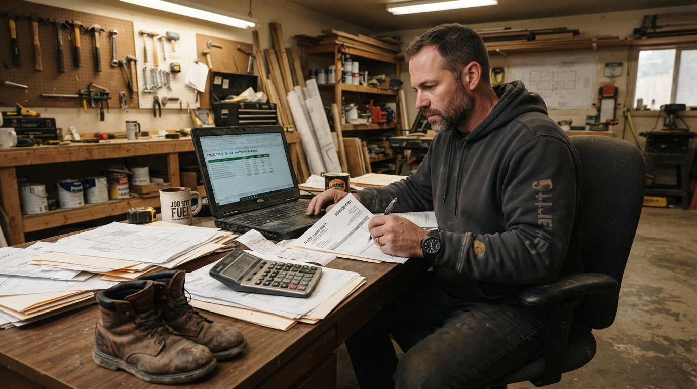 Contractor at a desk reviewing costs and invoices on a laptop
