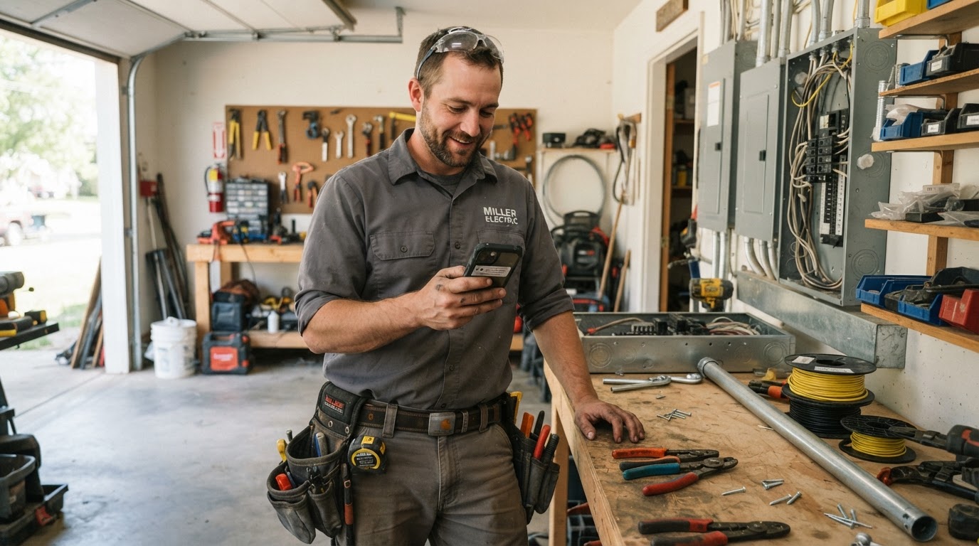 Electrician in a garage checking his phone showing a new 5-star Google review notification