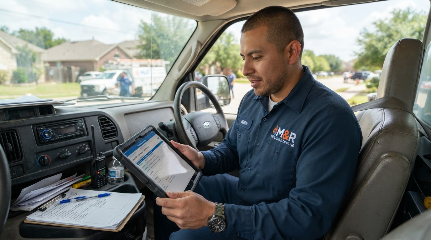HVAC technician checking digital job summary on tablet in service truck
