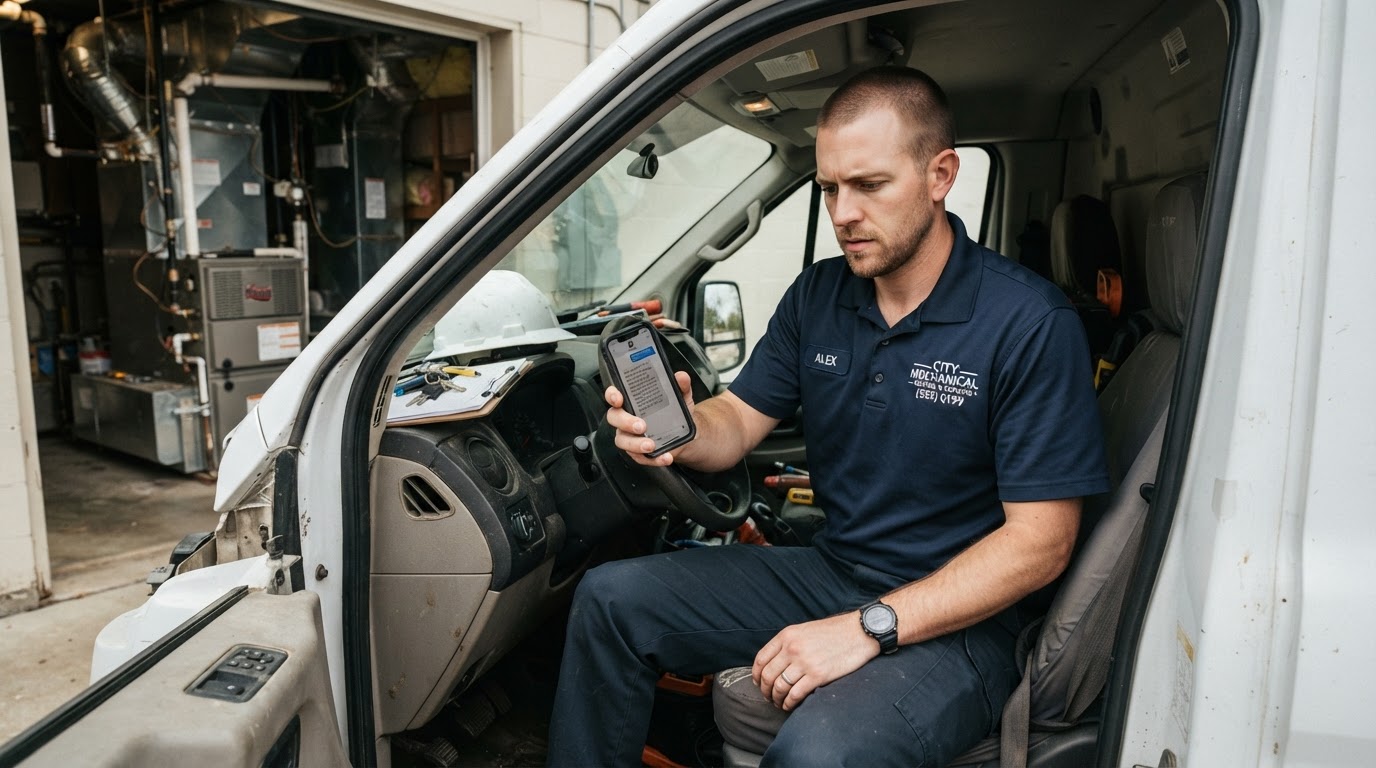 HVAC technician in service truck checking a missed call that was auto-responded to with a booking text