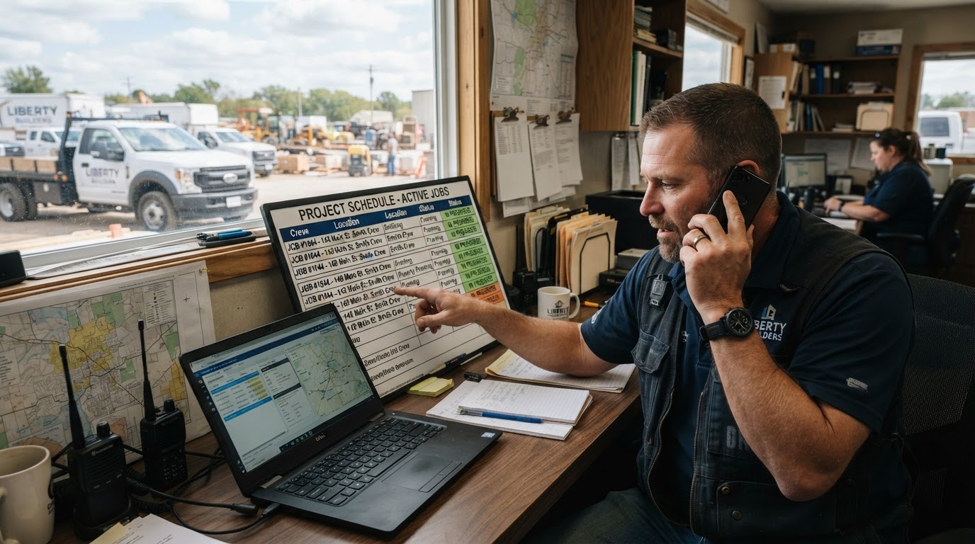 Contractor reviewing phone calls and dispatch board between jobs