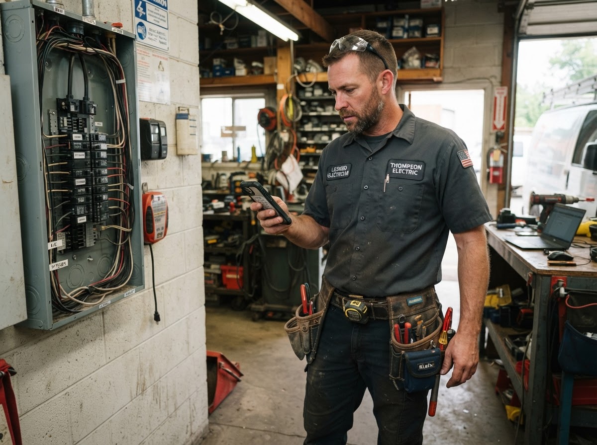 Electrician checking dispatch update on smartphone on job site