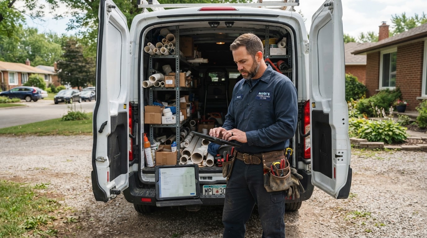 Plumber typing up a quote on an iPad propped on the bumper of his work van