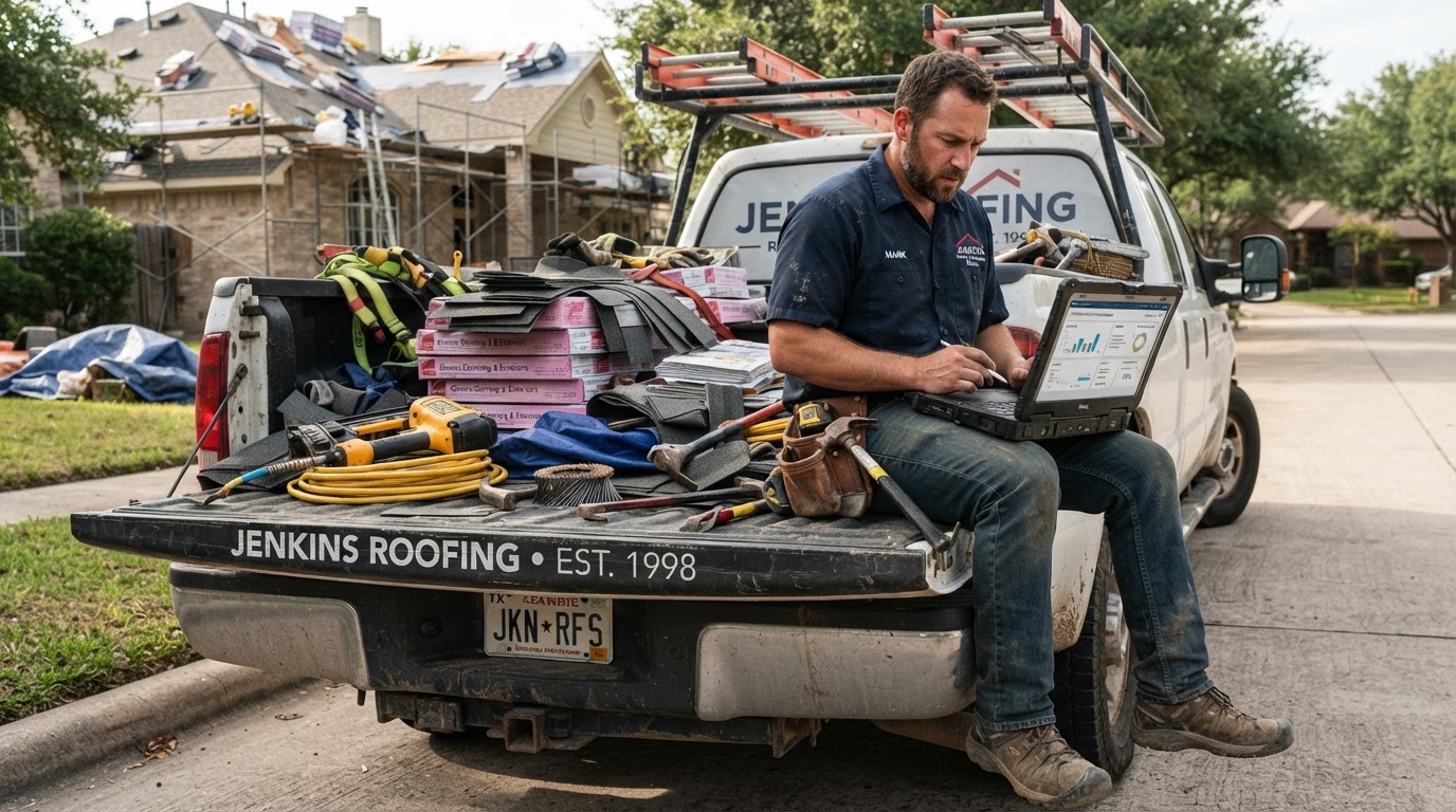 Plumbing contractor on his truck tailgate reviewing a customer reactivation campaign on his laptop