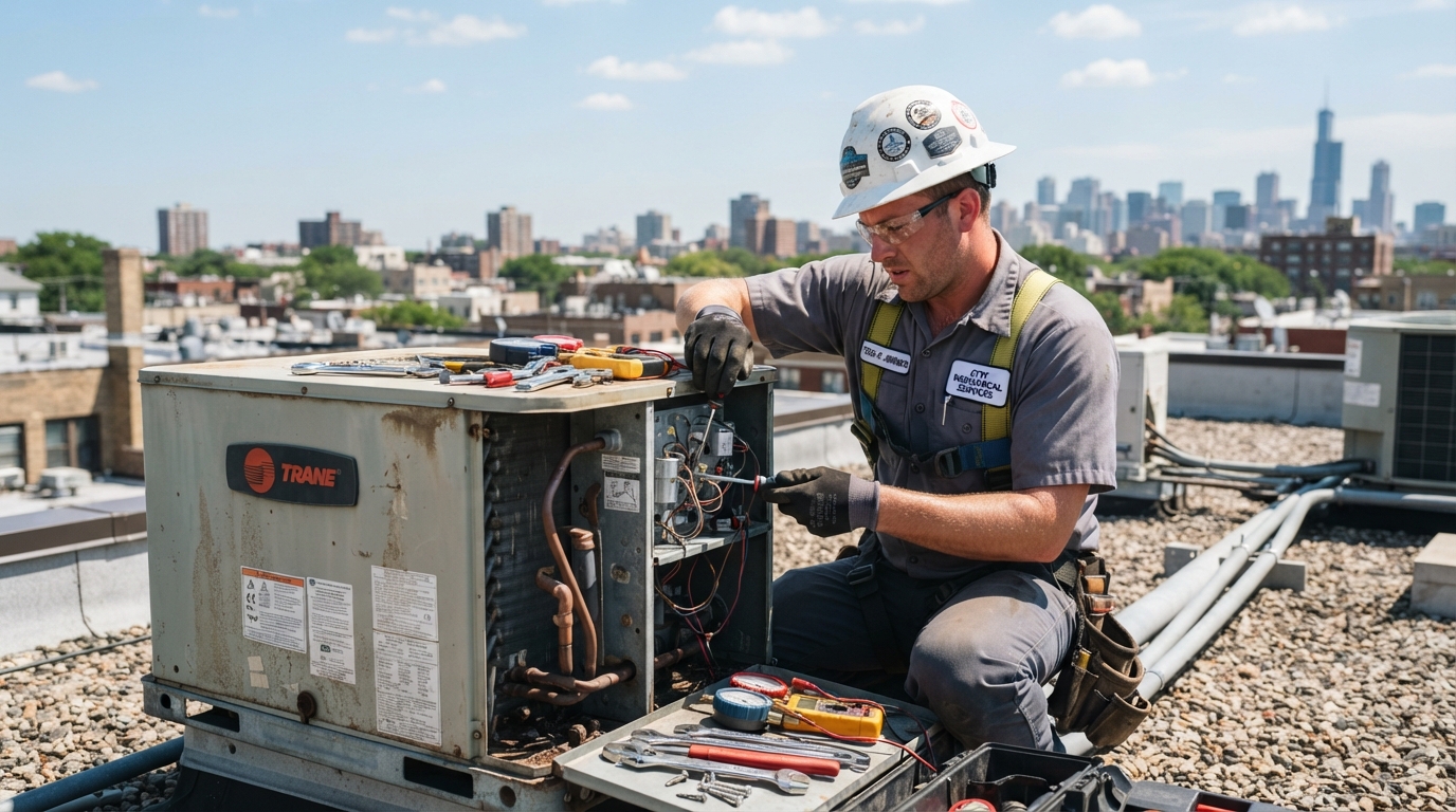 HVAC technician working on a rooftop air conditioning unit during summer