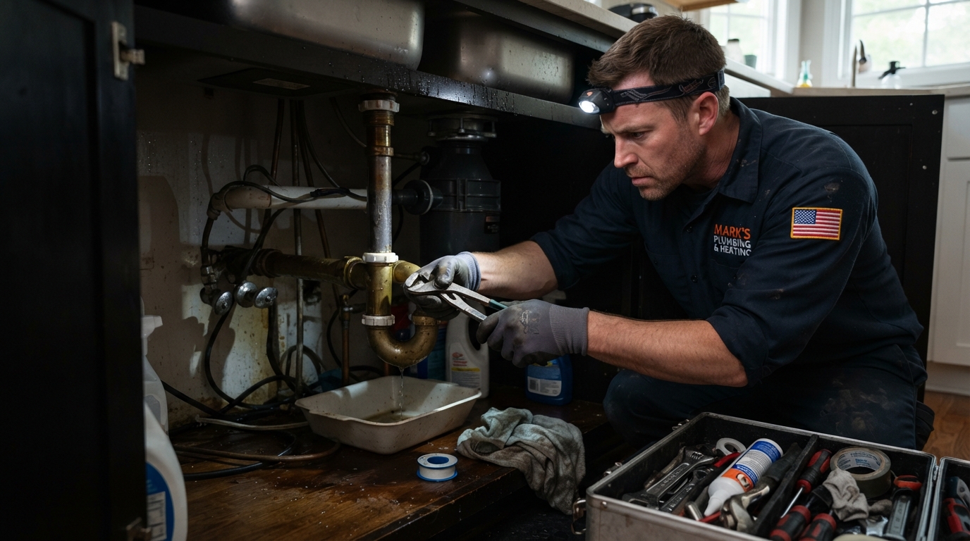 Plumber working under a kitchen sink on an emergency repair call