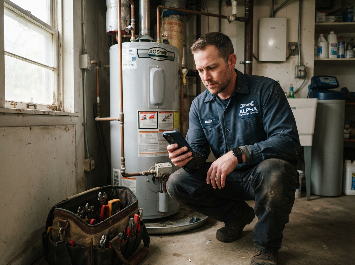 Plumber checking a job summary on his phone beside a residential water heater in a mechanical room