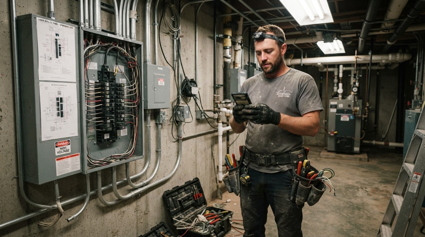 Electrician checking a phone after completing a panel upgrade installation