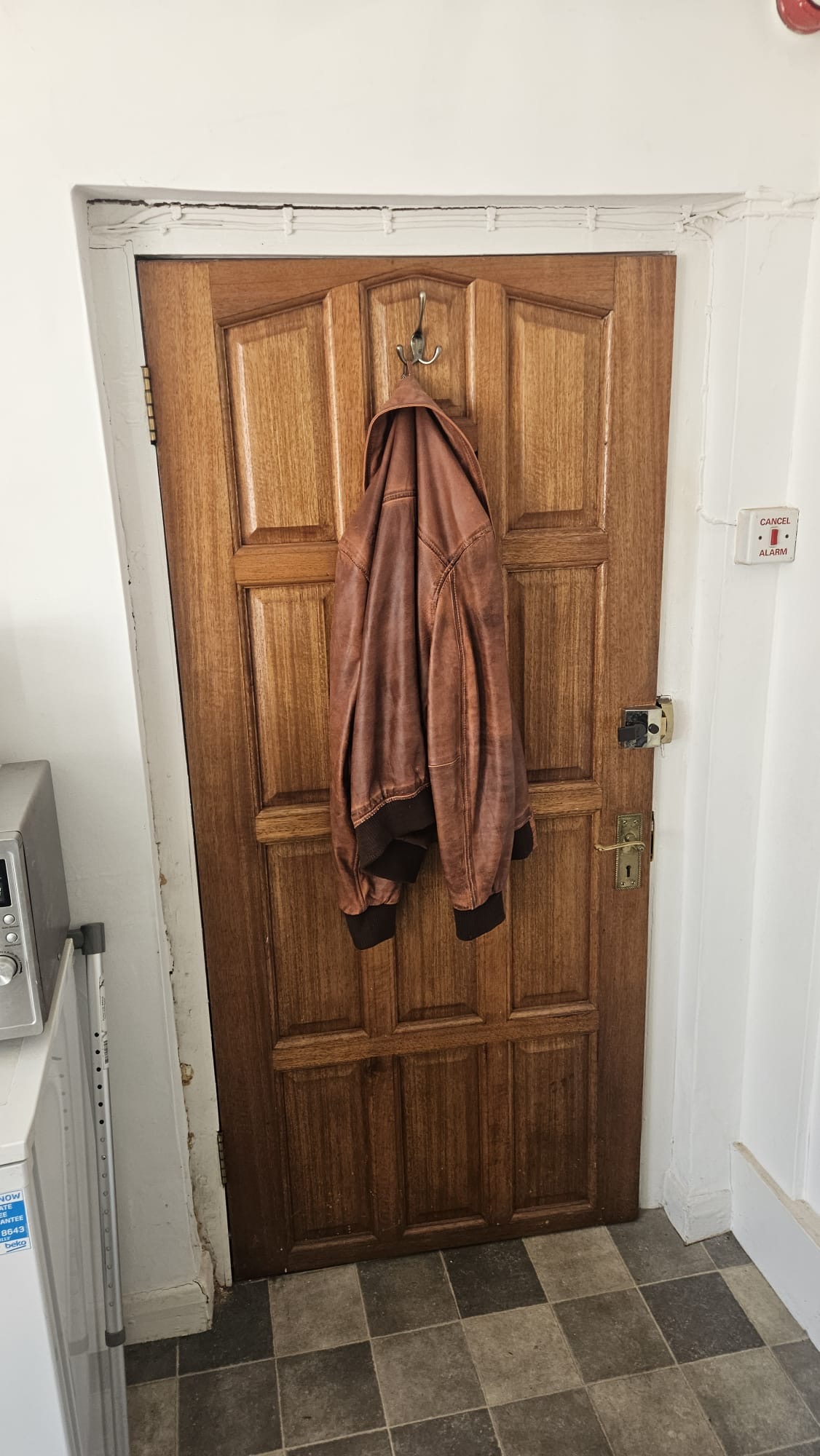BEFORE — Original six-panel raised-moulding timber door with brass lever handle, rim lock, and coat hook showing pre-remediation condition