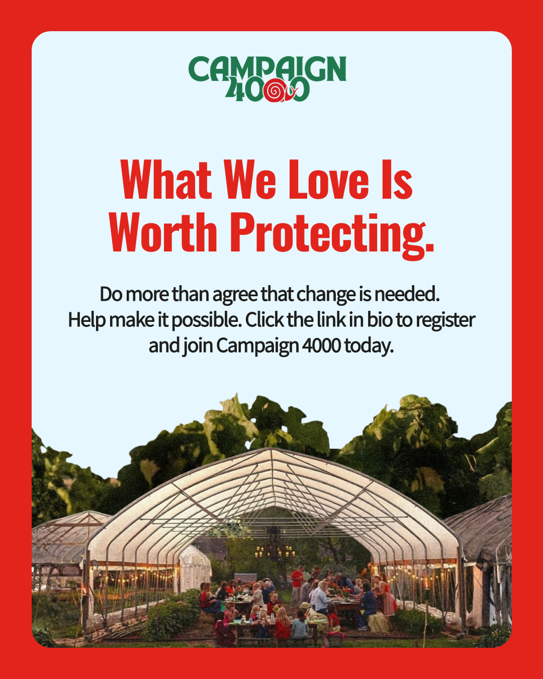 Community gathered under a greenhouse canopy sharing a meal together