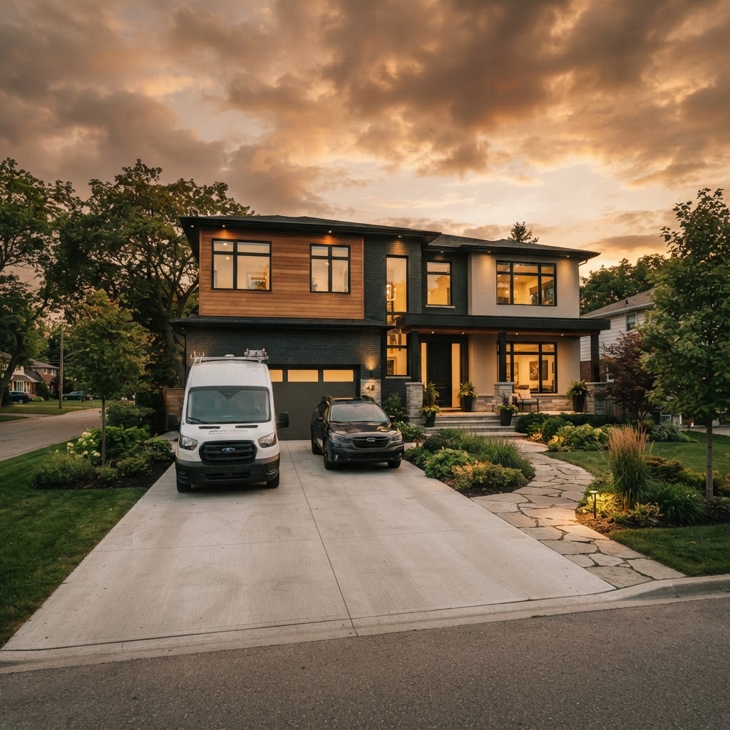 Renovated residential home exterior at golden hour with contractor van
