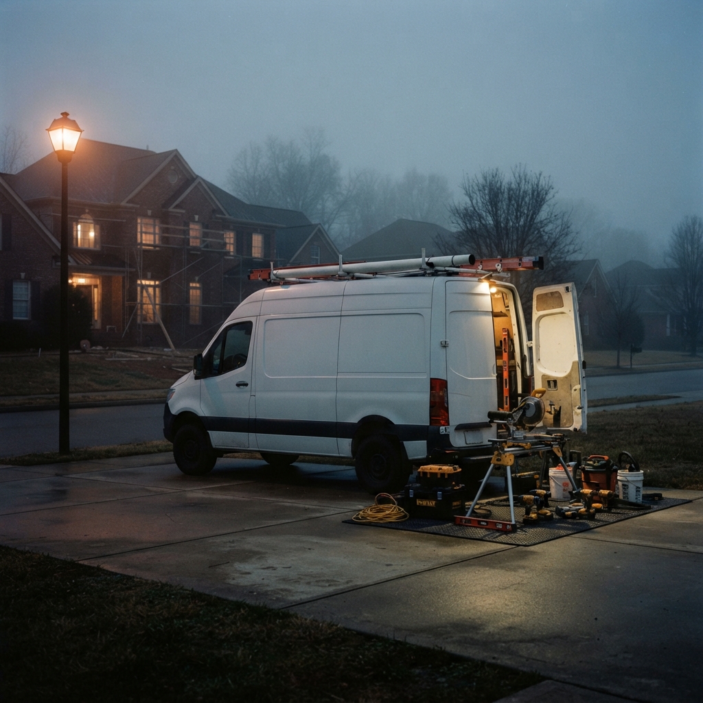 Contractor service van parked at residential job site at dawn