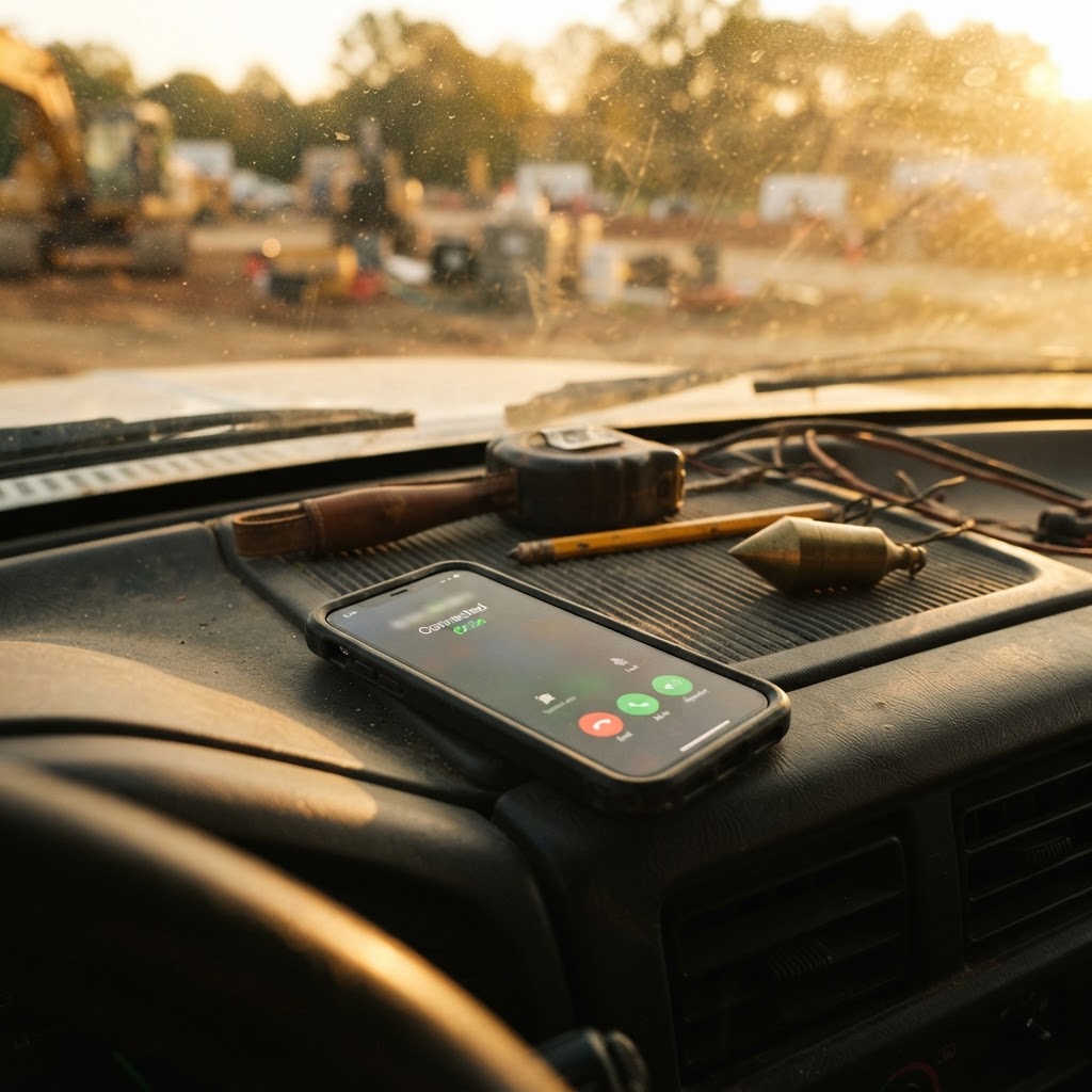 Smartphone on truck dashboard showing call connected to Alex AI receptionist