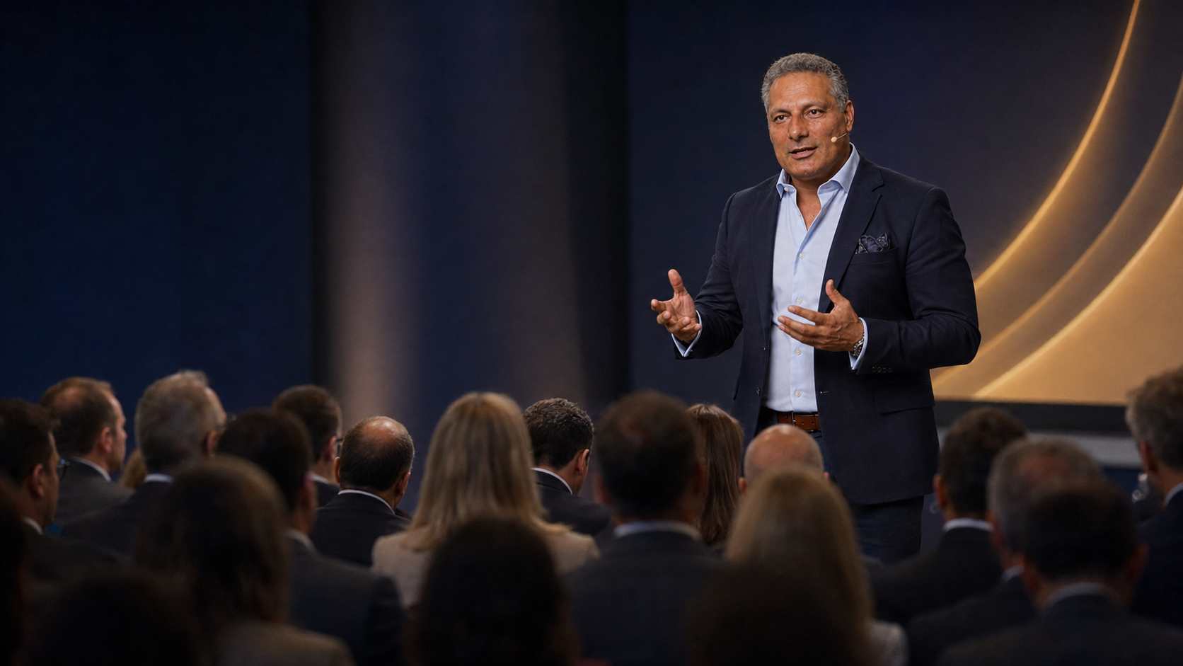 Reza Hojati auf der Bühne — Keynote Speaker und Leadership Mentor