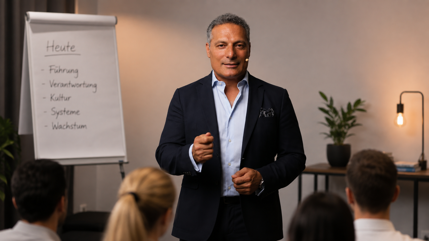 Reza Hojati im Seminar mit Flipchart: Führung, Verantwortung, Kultur, Systeme, Wachstum