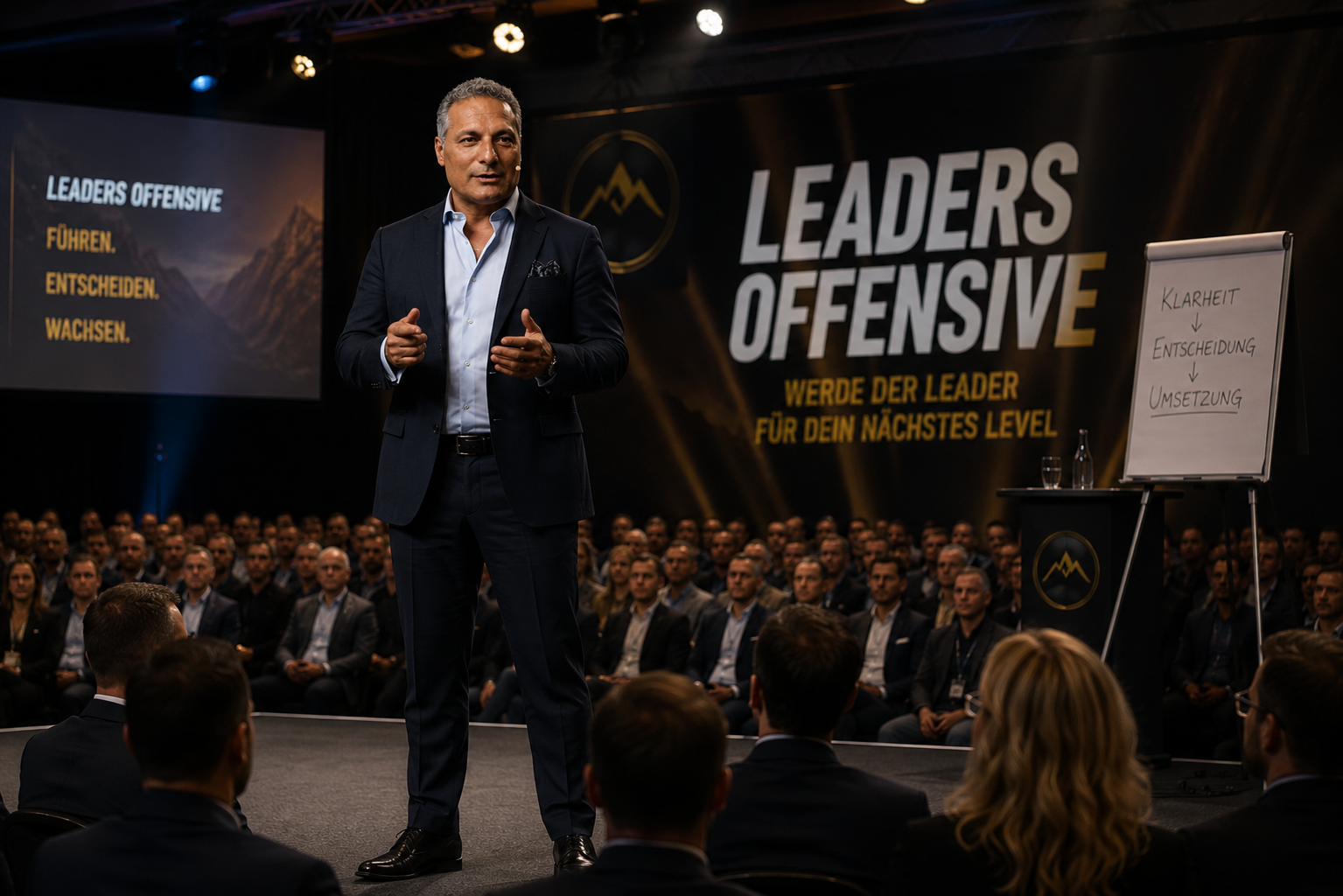 Reza Hojati auf der Bühne mit Publikum beim LeadersOffensive Seminar