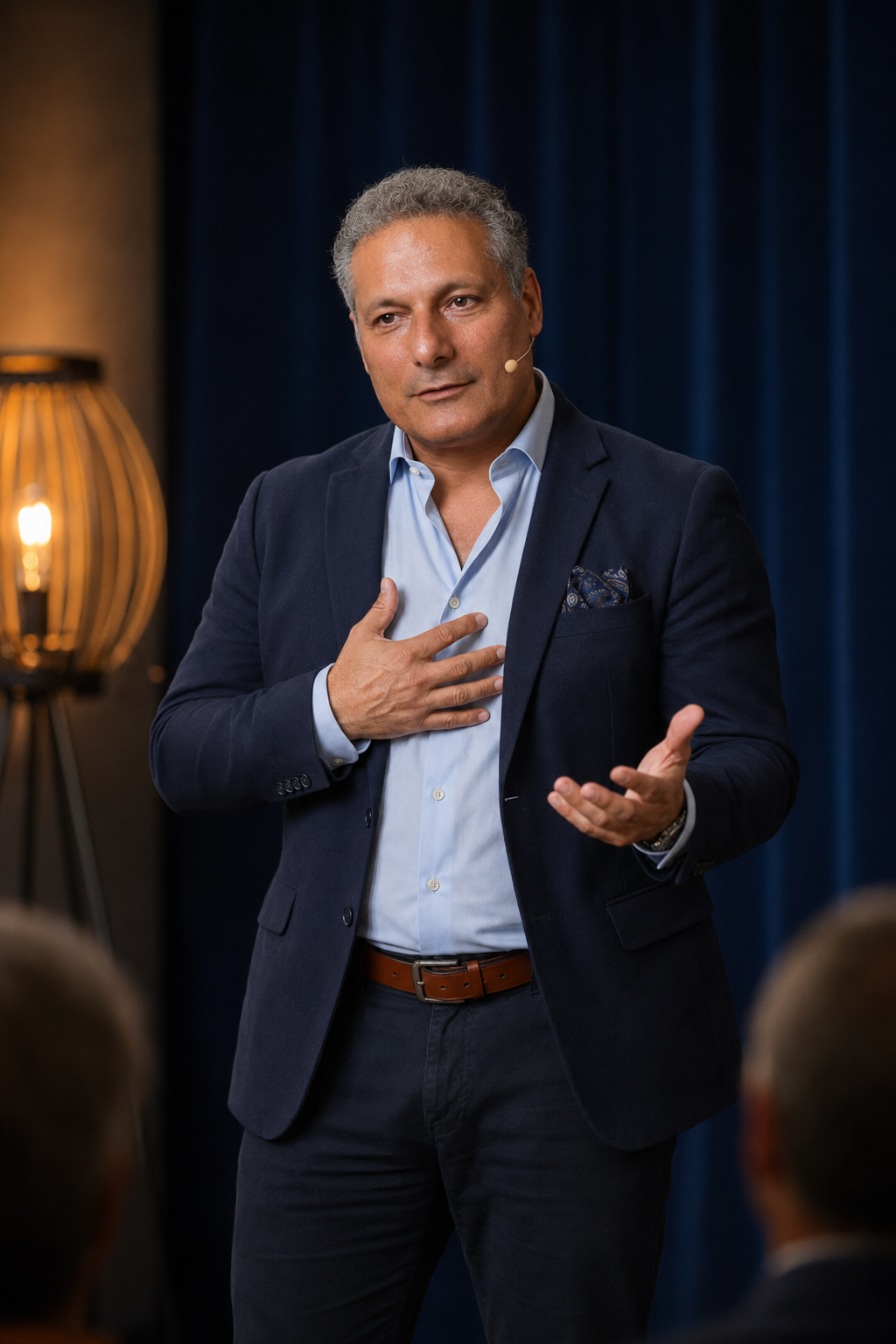 Reza Hojati als Speaker bei einer Keynote mit Hand auf der Brust