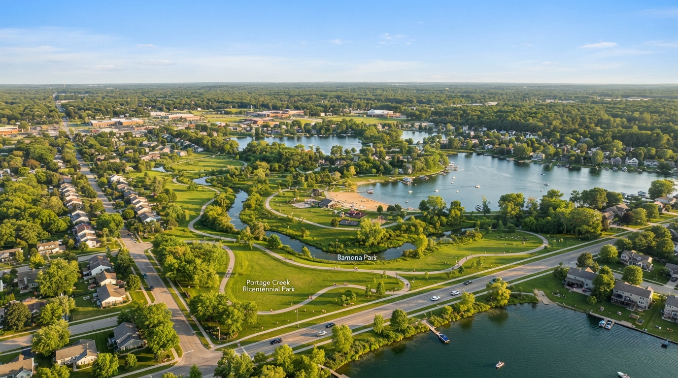 Aerial view of Portage, Michigan parks and neighborhoods