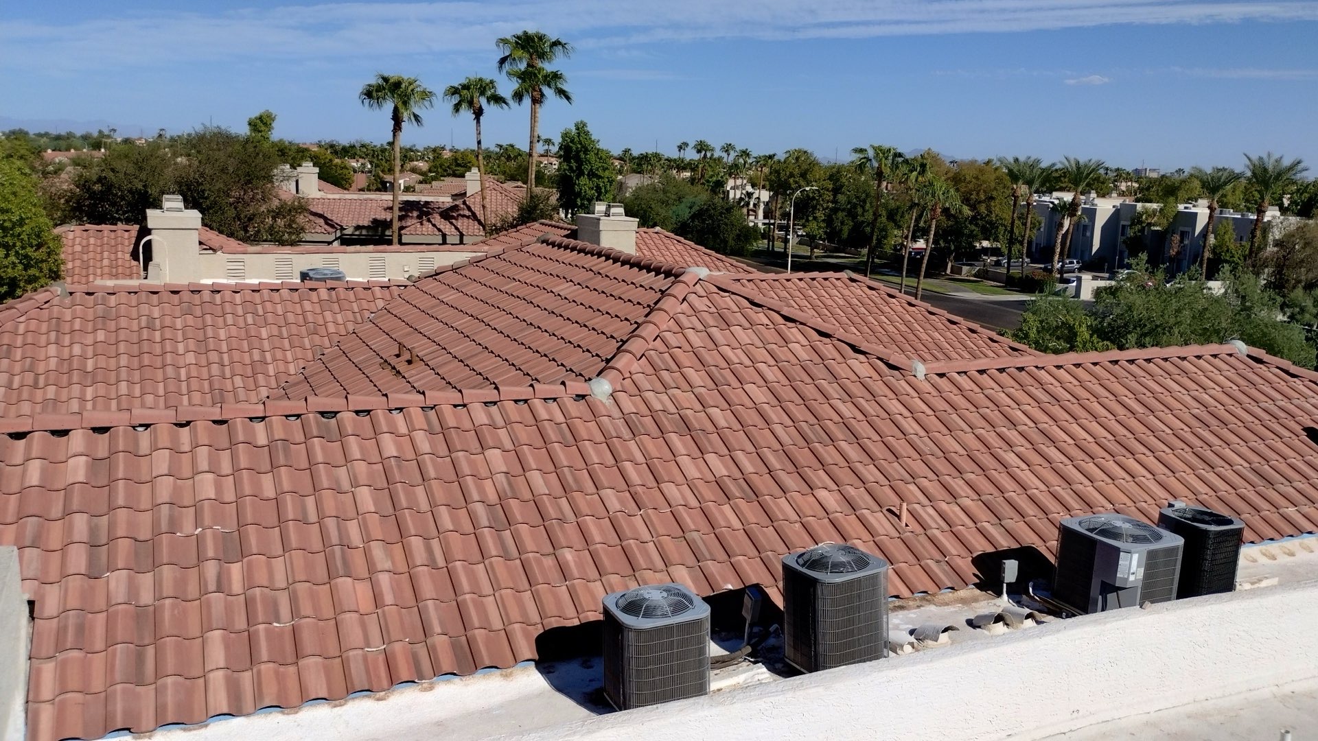 Concrete tile roof replacement project on a property in the Glendale Phoenix metro area with palm trees in background