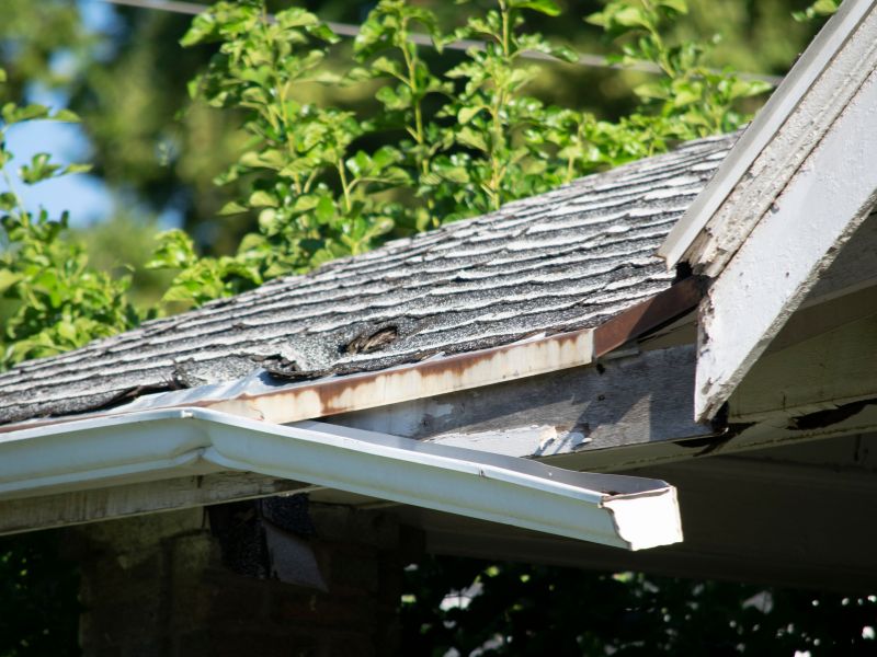 Damaged roof and gutter systems on a residential home with deteriorated shingles and rusted flashing requiring inspection