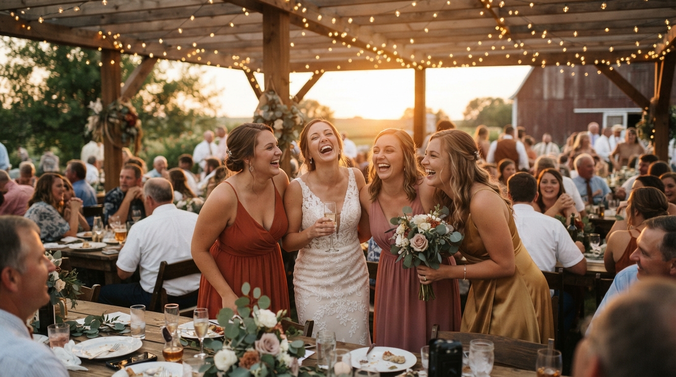 Wedding party laughing during a reinvented reception tradition at an Iowa wedding