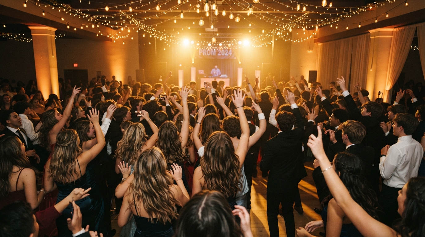 Students filling the dance floor at an Iowa high school prom, photographed from behind under warm lighting