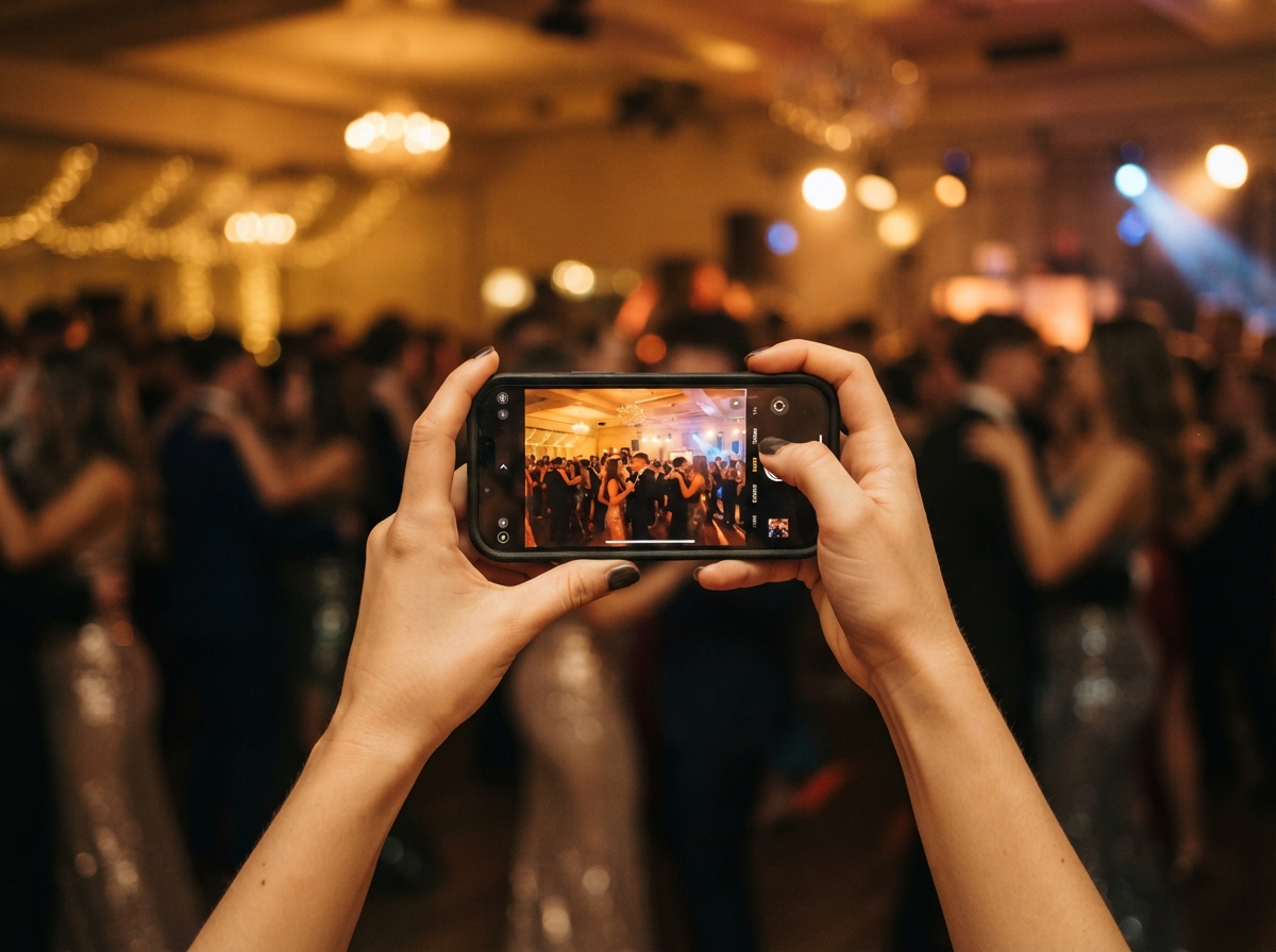 A student requesting a song on a phone during an Iowa school dance, the crowd blurred and shown from behind
