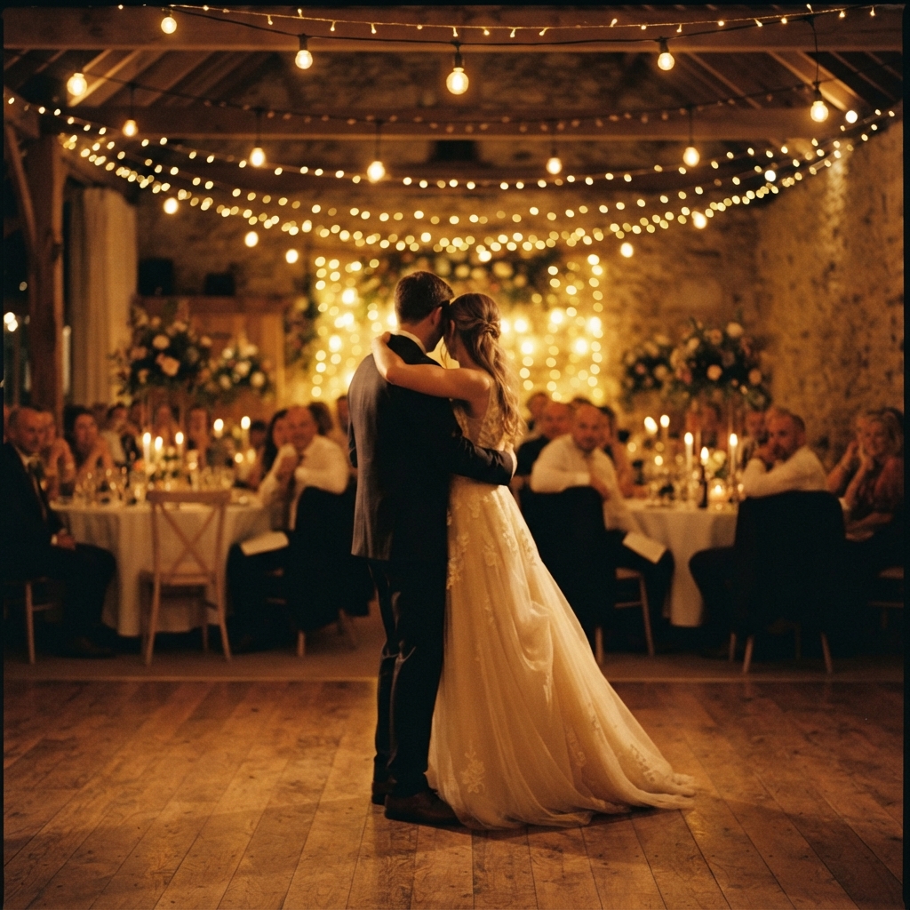 Couple sharing a dance at their Iowa wedding reception in warm golden light