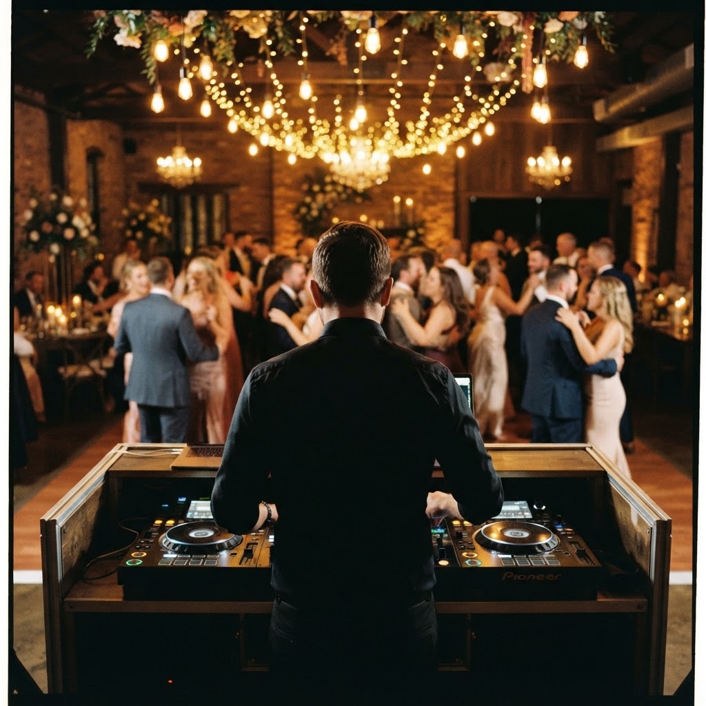 Iowa Event DJ reading the room from behind the booth at a warm-lit wedding reception