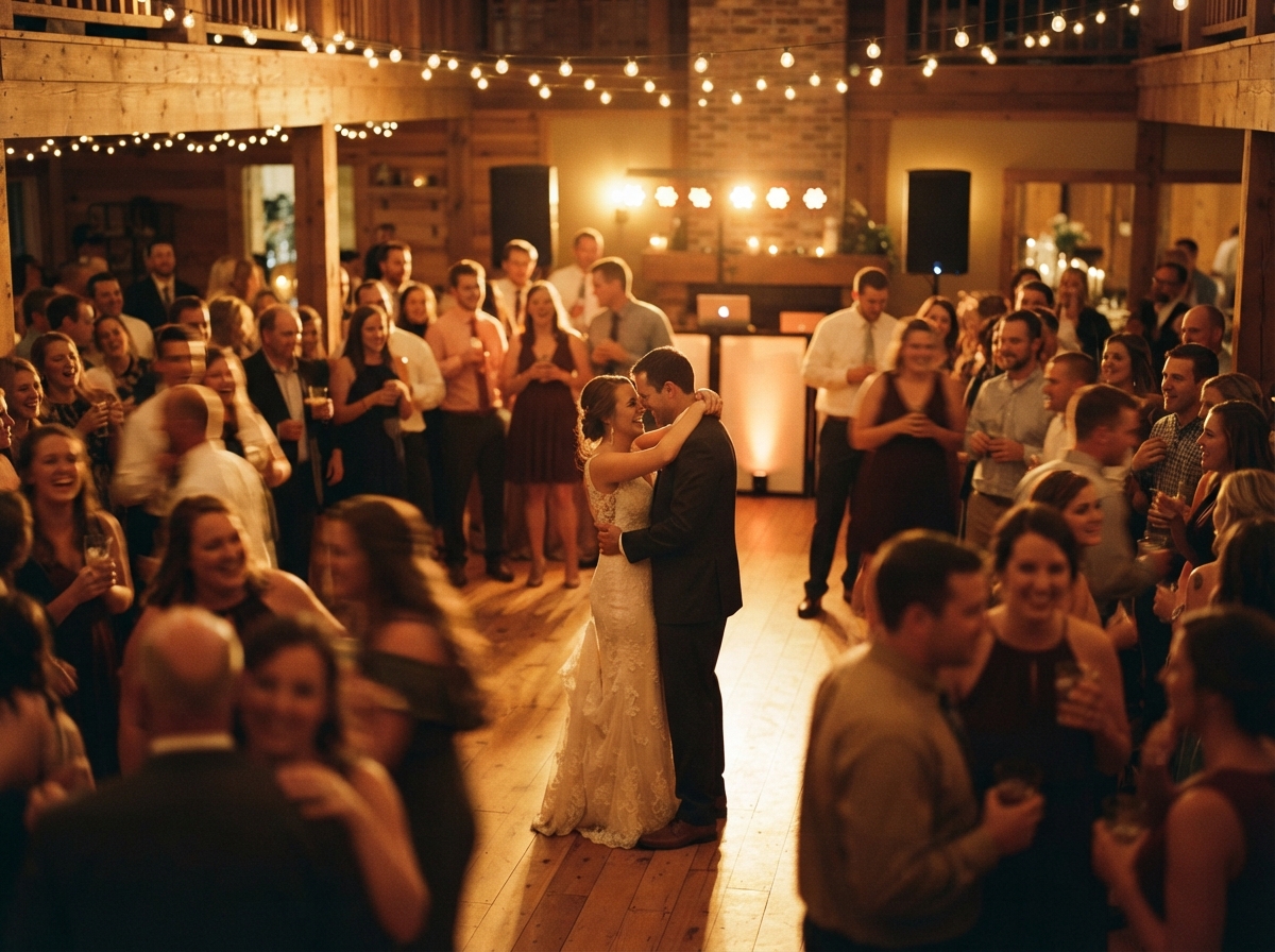Full Iowa wedding dance floor during a first dance planned in advance with the DJ