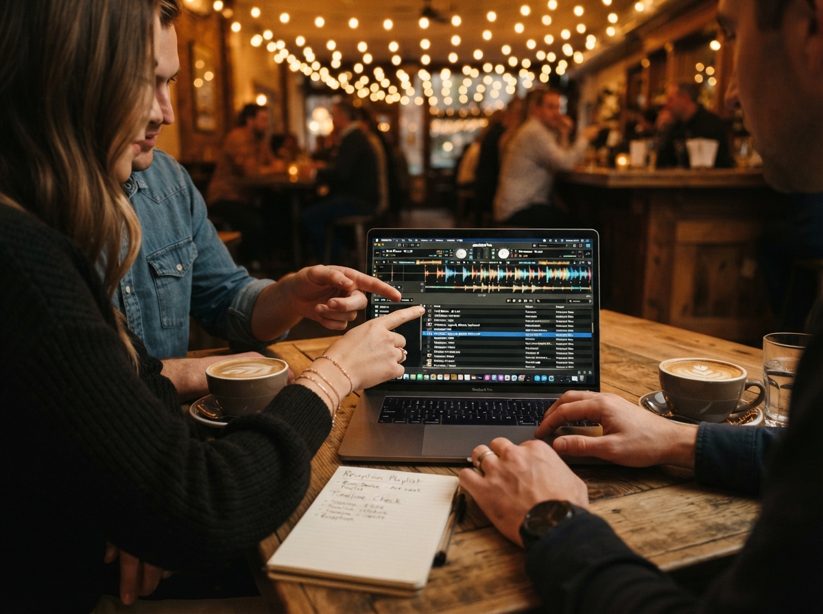 Couple reviewing their wedding music plan with their Iowa DJ during a planning session