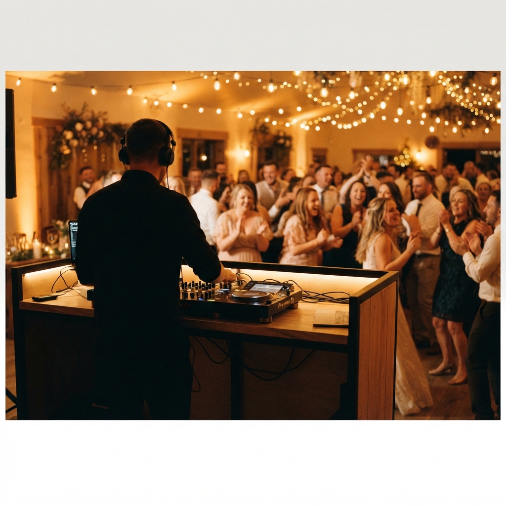 Wedding DJ seen from behind reading a full dance floor at an Iowa reception