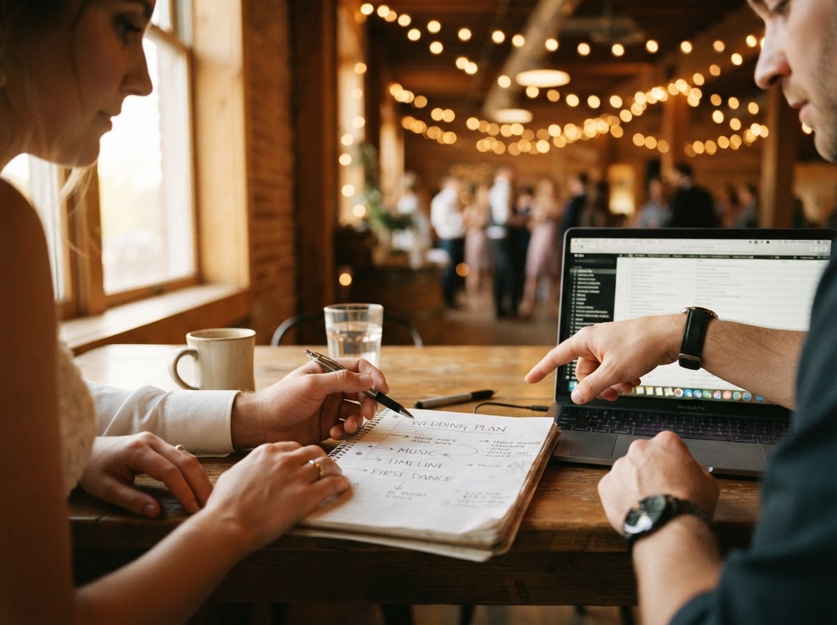 Couple building their wedding reception plan with their Iowa DJ during a planning session