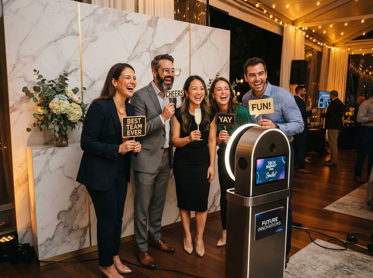 Open-air photo booth rental at an Iowa corporate event