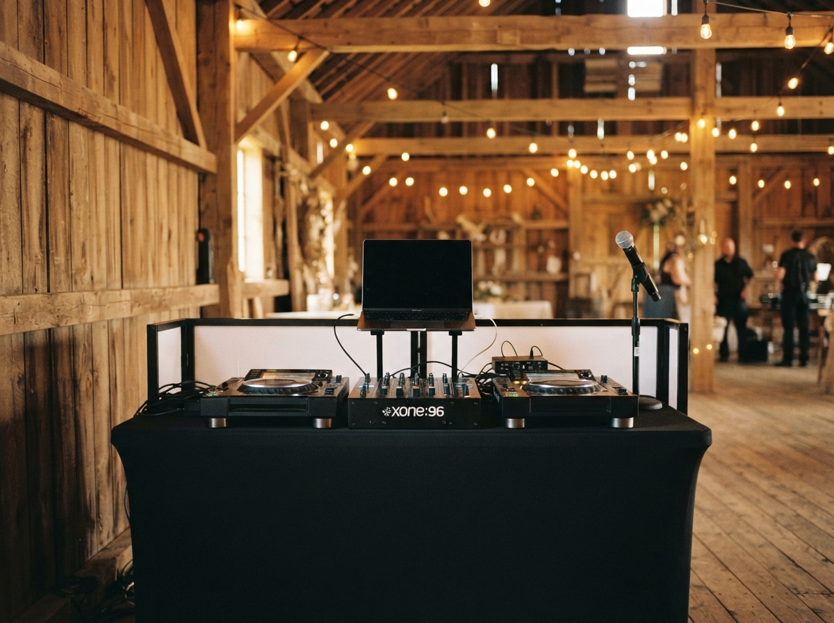 Wedding DJ setup at a rustic Iowa barn venue during load-in