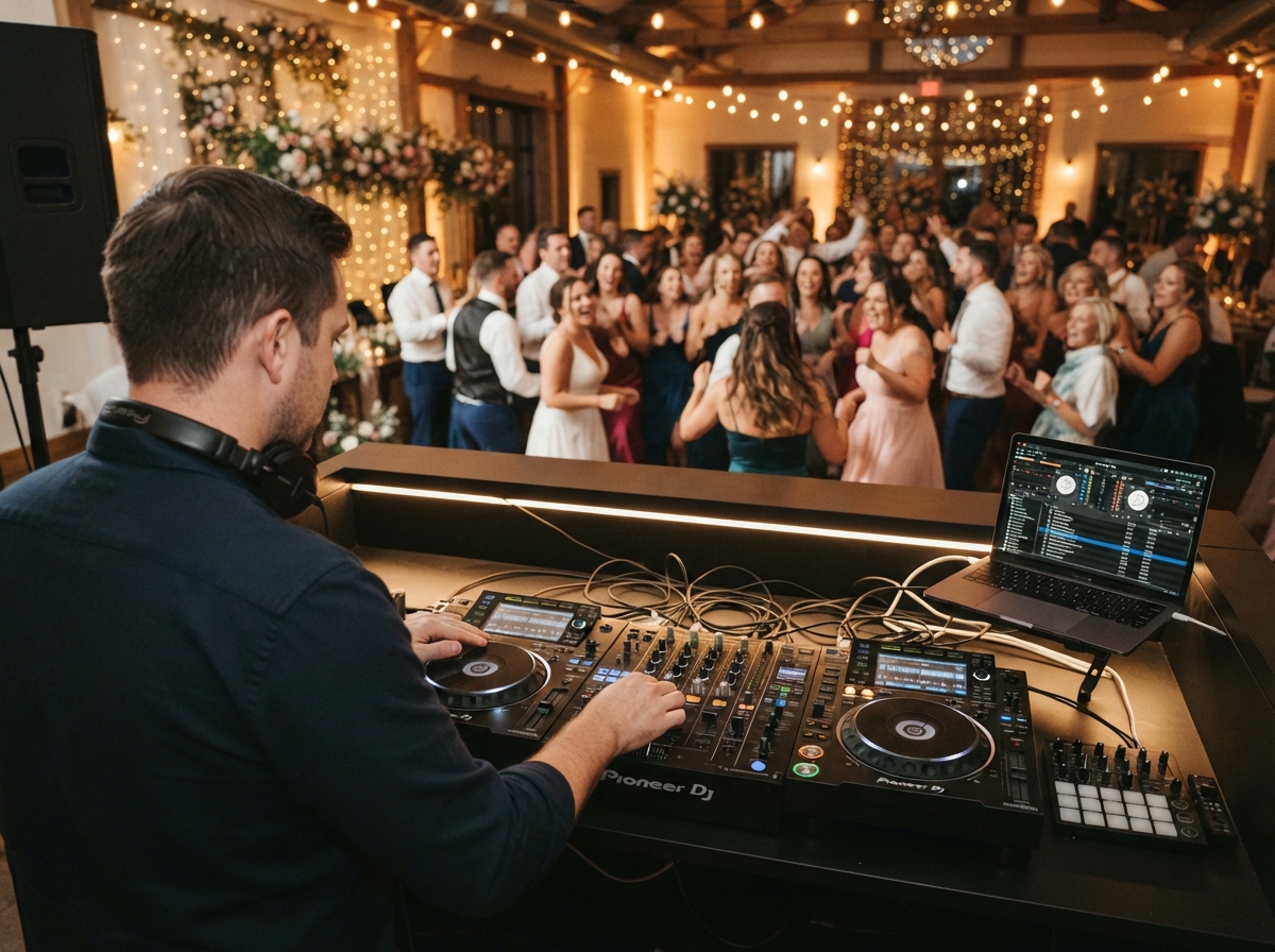 Professional DJ at minimalist booth overlooking packed glowing dance floor