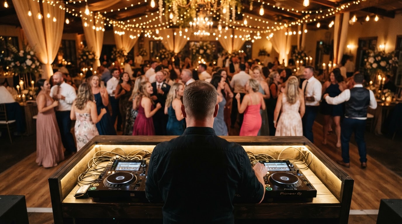 Iowa wedding DJ reading the room from behind the booth as a full dance floor celebrates