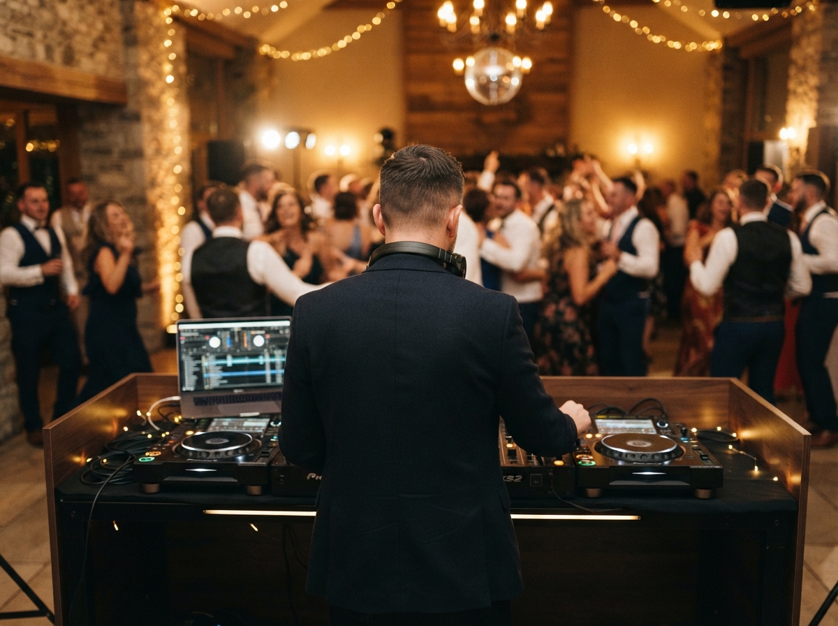 Wedding DJ working the reception from behind the booth at an Iowa wedding