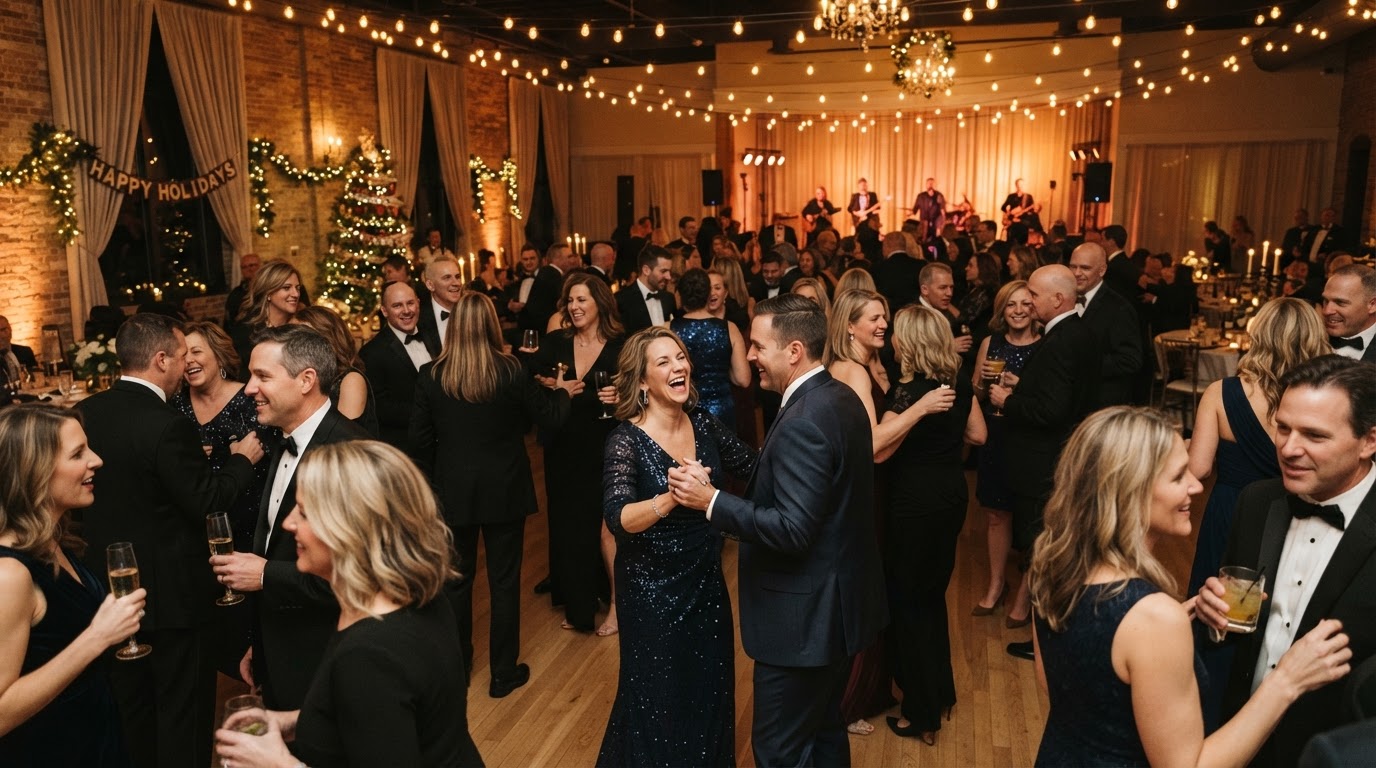 Corporate event DJ and MC running a company holiday party in Iowa
