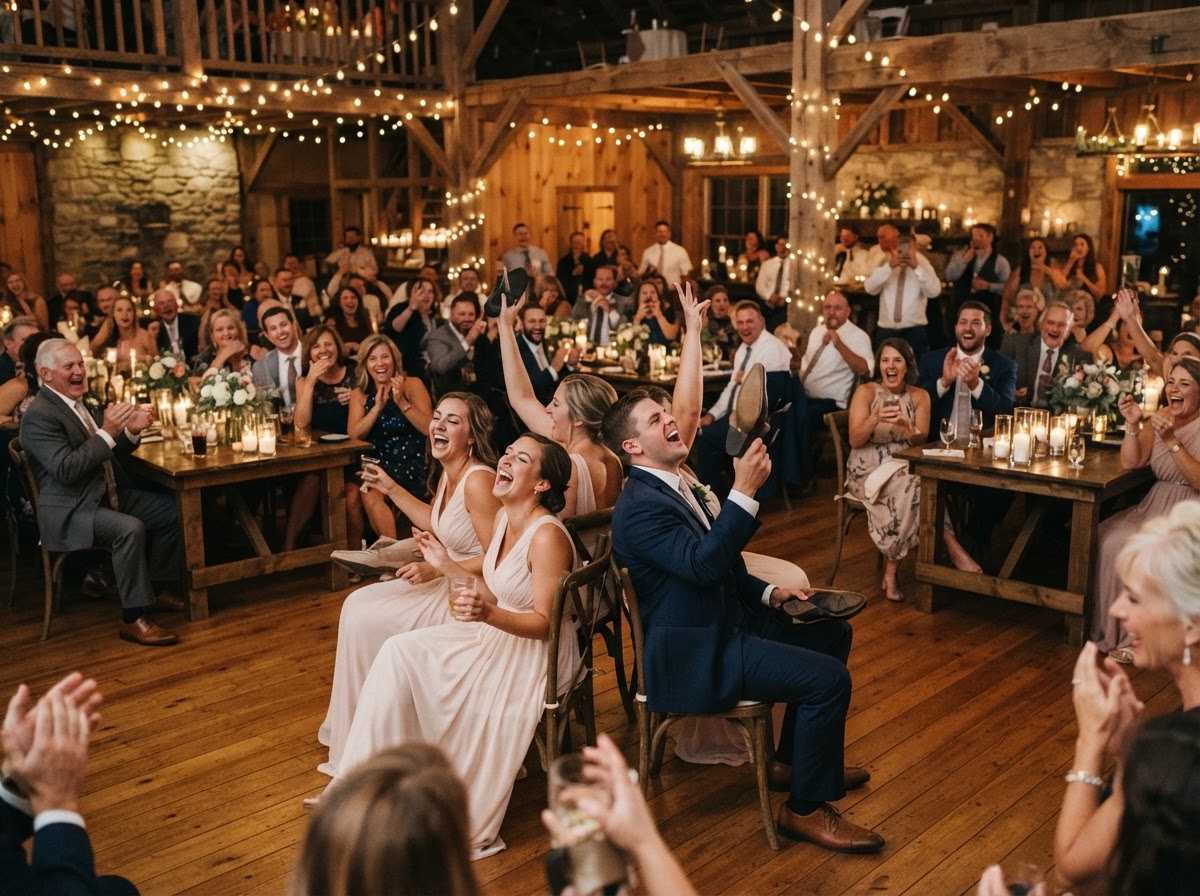 Wedding guests laughing mid-reception game