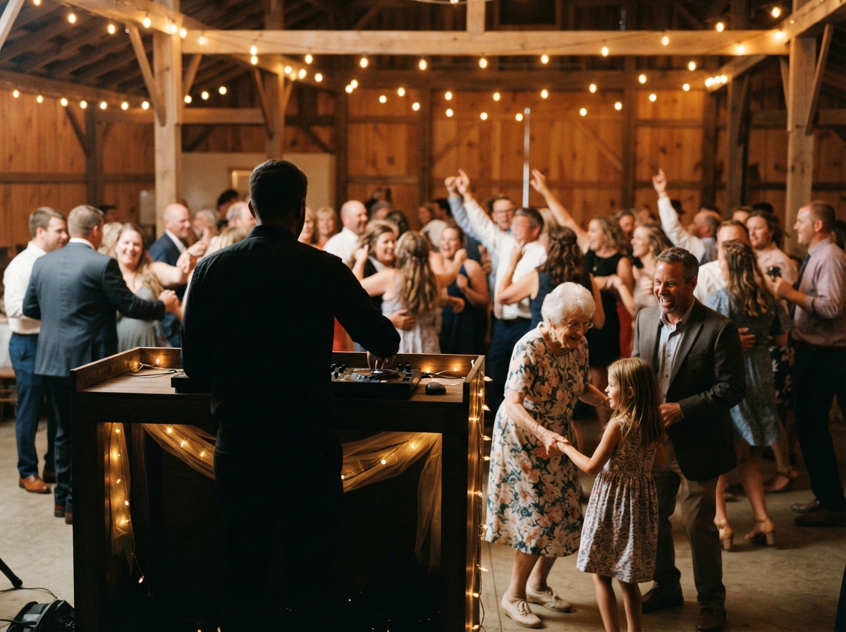 Iowa wedding DJ reading a full multi-generation dance floor from behind the booth